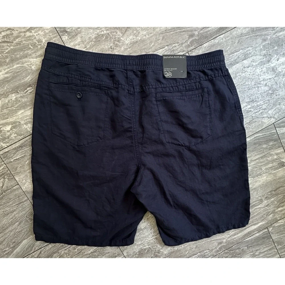 Banana Republic Aiden Shorts Mens 38 Navy Chino Slim Fit Stretch Linen Blend